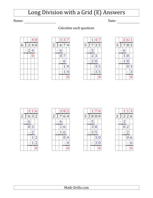 The 3-Digit by 1-Digit Long Division with Grid Assistance and NO Remainders (E) Math Worksheet Page 2
