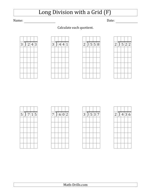 The 3-Digit by 1-Digit Long Division with Grid Assistance and NO Remainders (F) Math Worksheet