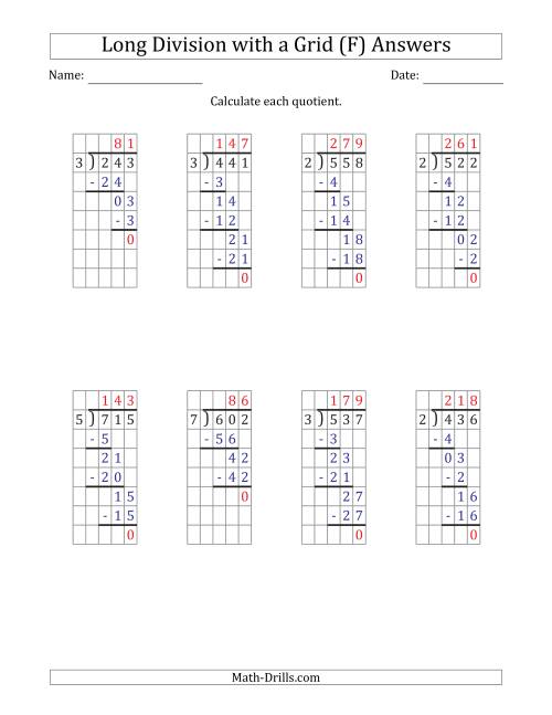 The 3-Digit by 1-Digit Long Division with Grid Assistance and NO Remainders (F) Math Worksheet Page 2