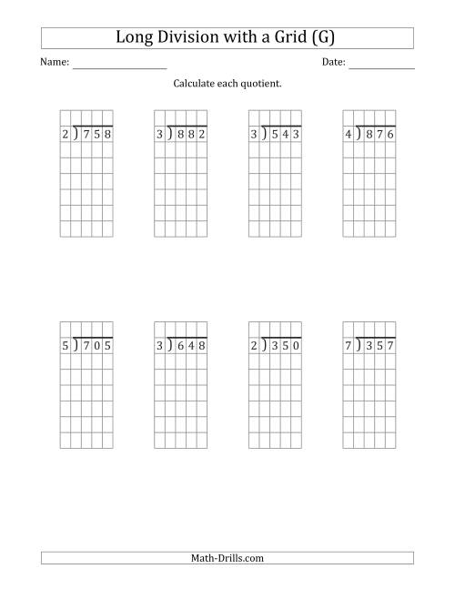 The 3-Digit by 1-Digit Long Division with Grid Assistance and NO Remainders (G) Math Worksheet