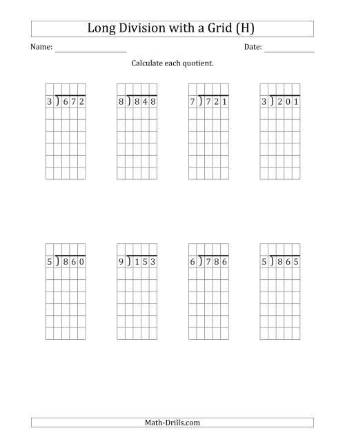 The 3-Digit by 1-Digit Long Division with Grid Assistance and NO Remainders (H) Math Worksheet