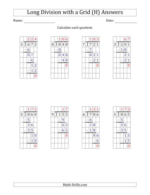 The 3-Digit by 1-Digit Long Division with Grid Assistance and NO Remainders (H) Math Worksheet Page 2