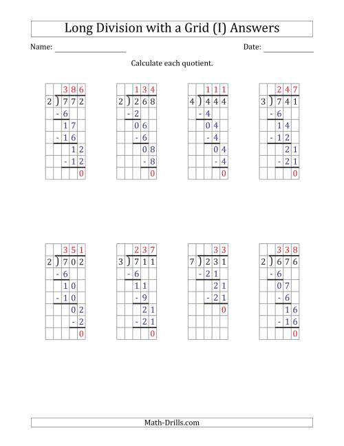 The 3-Digit by 1-Digit Long Division with Grid Assistance and NO Remainders (I) Math Worksheet Page 2