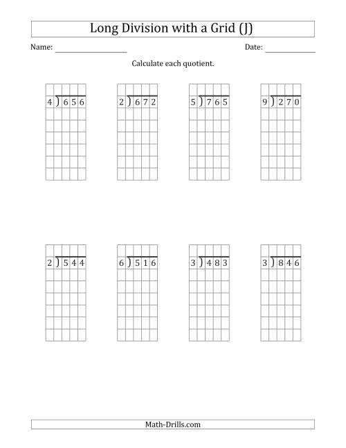 The 3-Digit by 1-Digit Long Division with Grid Assistance and NO Remainders (J) Math Worksheet
