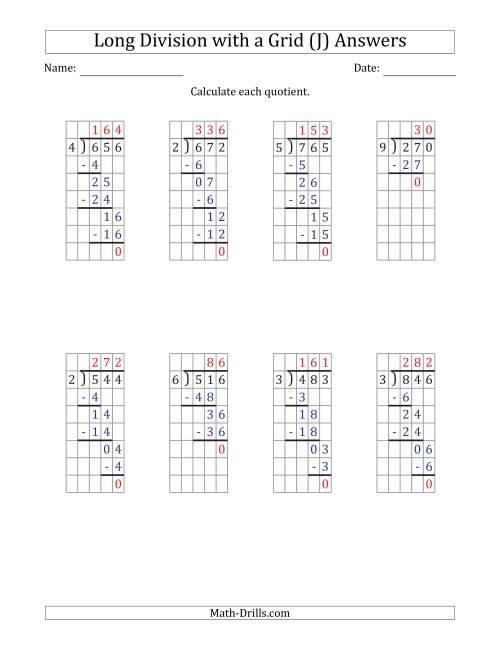 The 3-Digit by 1-Digit Long Division with Grid Assistance and NO Remainders (J) Math Worksheet Page 2