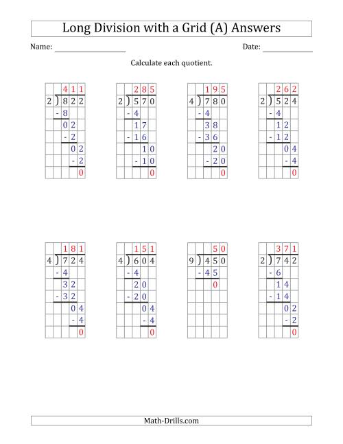 The 3-Digit by 1-Digit Long Division with Grid Assistance and NO Remainders (All) Math Worksheet Page 2