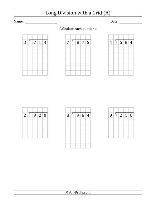 The 3-Digit by 1-Digit Long Division with Grid Assistance and NO Remainders (Old) Math Worksheet