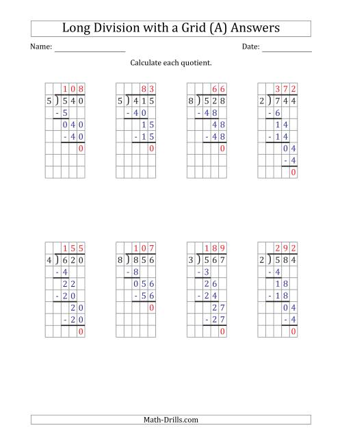 The 3-Digit by 1-Digit Long Division with Grid Assistance and Prompts and NO Remainders (A) Math Worksheet Page 2