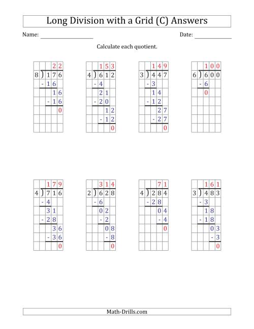 The 3-Digit by 1-Digit Long Division with Grid Assistance and Prompts and NO Remainders (C) Math Worksheet Page 2