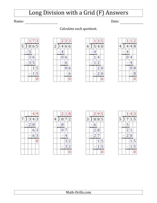 The 3-Digit by 1-Digit Long Division with Grid Assistance and Prompts and NO Remainders (F) Math Worksheet Page 2