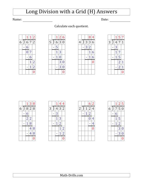 The 3-Digit by 1-Digit Long Division with Grid Assistance and Prompts and NO Remainders (H) Math Worksheet Page 2