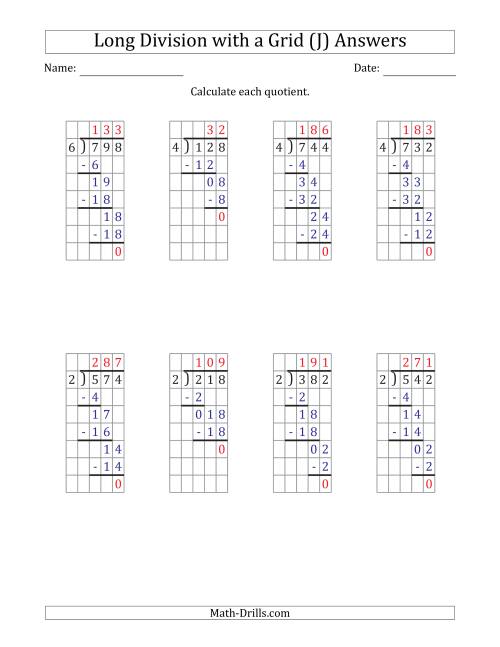 The 3-Digit by 1-Digit Long Division with Grid Assistance and Prompts and NO Remainders (J) Math Worksheet Page 2