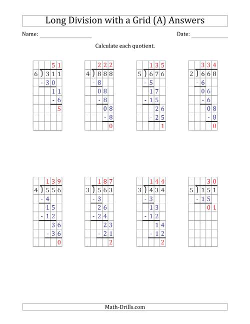 The 3-Digit by 1-Digit Long Division with Remainders with Grid Assistance and Prompts (A) Math Worksheet Page 2