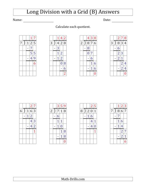 The 3-Digit by 1-Digit Long Division with Remainders with Grid Assistance and Prompts (B) Math Worksheet Page 2