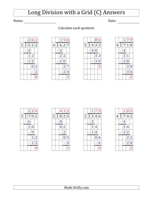 The 3-Digit by 1-Digit Long Division with Remainders with Grid Assistance and Prompts (C) Math Worksheet Page 2