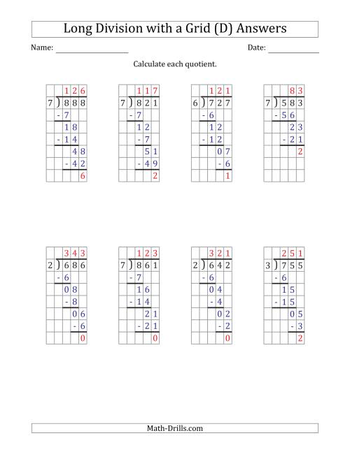 The 3-Digit by 1-Digit Long Division with Remainders with Grid Assistance and Prompts (D) Math Worksheet Page 2