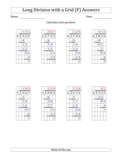 The 3-Digit by 1-Digit Long Division with Remainders with Grid Assistance and Prompts (F) Math Worksheet Page 2