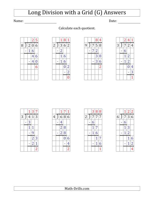 The 3-Digit by 1-Digit Long Division with Remainders with Grid Assistance and Prompts (G) Math Worksheet Page 2