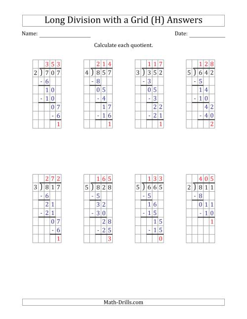The 3-Digit by 1-Digit Long Division with Remainders with Grid Assistance and Prompts (H) Math Worksheet Page 2