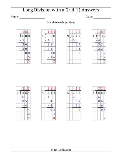 The 3-Digit by 1-Digit Long Division with Remainders with Grid Assistance and Prompts (I) Math Worksheet Page 2
