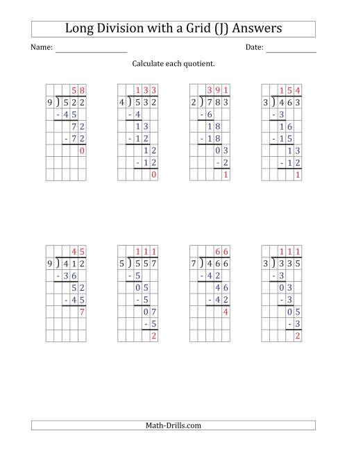 The 3-Digit by 1-Digit Long Division with Remainders with Grid Assistance and Prompts (J) Math Worksheet Page 2