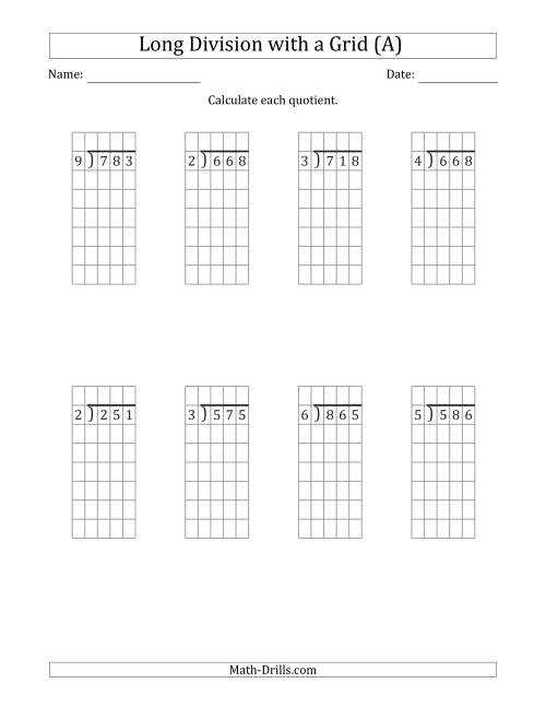 The 3-Digit by 1-Digit Long Division with Remainders with Grid Assistance (A) Math Worksheet