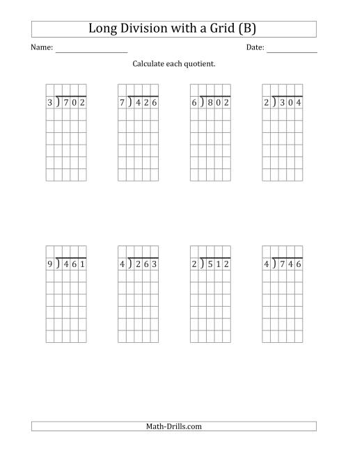 The 3-Digit by 1-Digit Long Division with Remainders with Grid Assistance (B) Math Worksheet