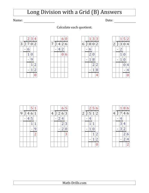 The 3-Digit by 1-Digit Long Division with Remainders with Grid Assistance (B) Math Worksheet Page 2