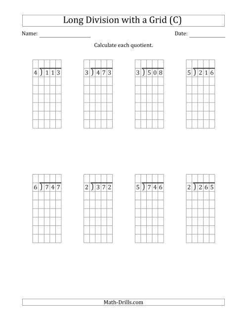 The 3-Digit by 1-Digit Long Division with Remainders with Grid Assistance (C) Math Worksheet