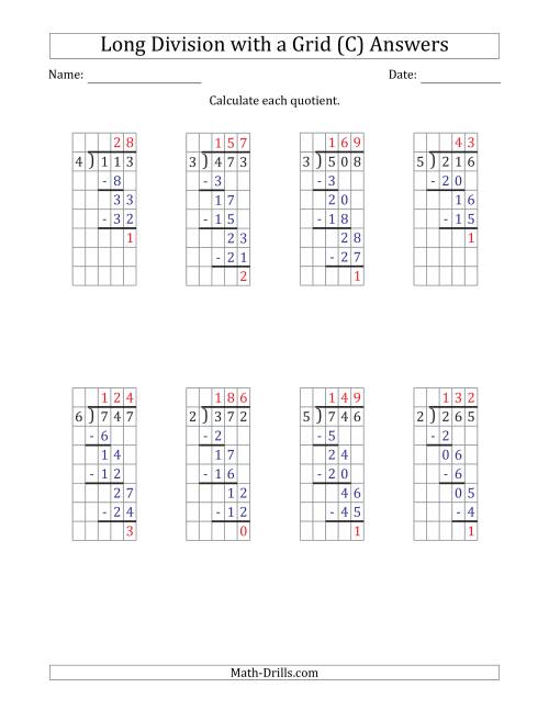 The 3-Digit by 1-Digit Long Division with Remainders with Grid Assistance (C) Math Worksheet Page 2