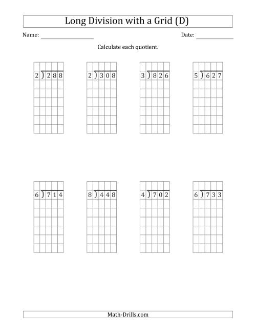 The 3-Digit by 1-Digit Long Division with Remainders with Grid Assistance (D) Math Worksheet