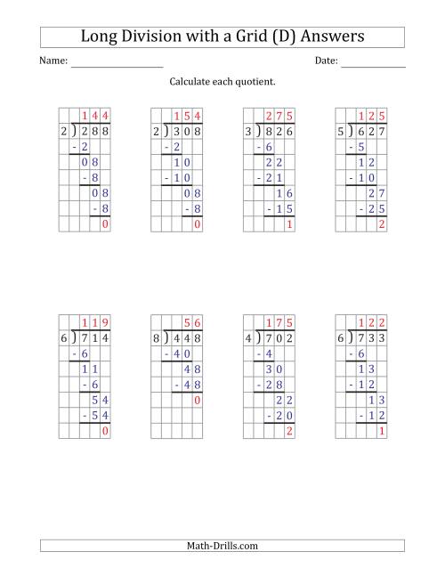 The 3-Digit by 1-Digit Long Division with Remainders with Grid Assistance (D) Math Worksheet Page 2