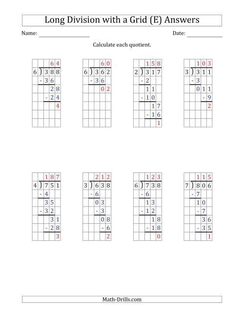 The 3-Digit by 1-Digit Long Division with Remainders with Grid Assistance (E) Math Worksheet Page 2