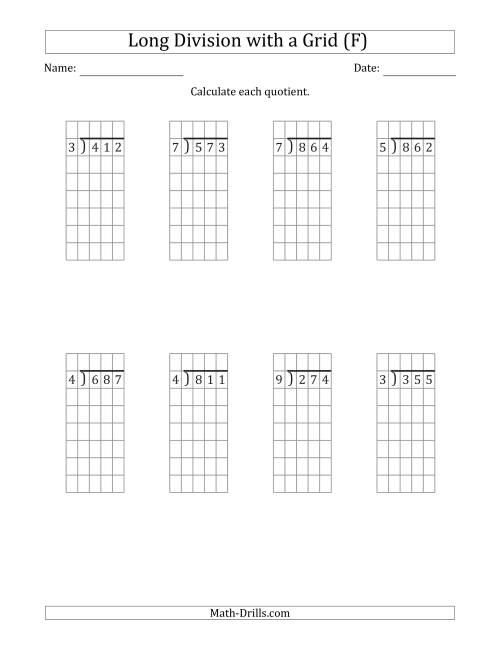 The 3-Digit by 1-Digit Long Division with Remainders with Grid Assistance (F) Math Worksheet