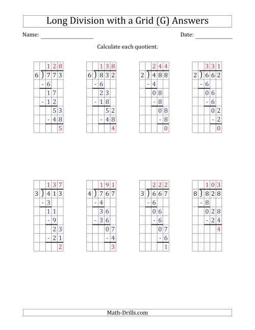 The 3-Digit by 1-Digit Long Division with Remainders with Grid Assistance (G) Math Worksheet Page 2