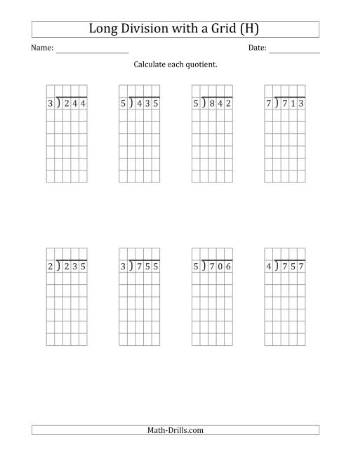The 3-Digit by 1-Digit Long Division with Remainders with Grid Assistance (H) Math Worksheet
