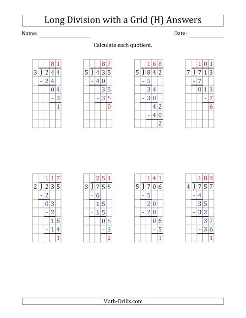 The 3-Digit by 1-Digit Long Division with Remainders with Grid Assistance (H) Math Worksheet Page 2
