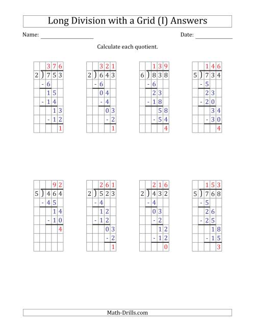 The 3-Digit by 1-Digit Long Division with Remainders with Grid Assistance (I) Math Worksheet Page 2