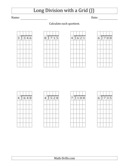 The 3-Digit by 1-Digit Long Division with Remainders with Grid Assistance (J) Math Worksheet