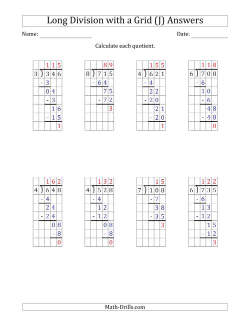 The 3-Digit by 1-Digit Long Division with Remainders with Grid Assistance (J) Math Worksheet Page 2