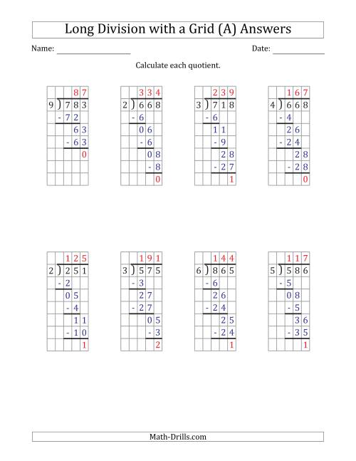 The 3-Digit by 1-Digit Long Division with Remainders with Grid Assistance (All) Math Worksheet Page 2