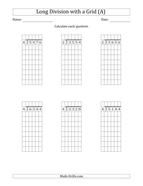 The 4-Digit by 1-Digit Long Division with Grid Assistance and NO Remainders (A) Math Worksheet