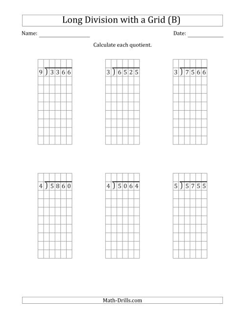 The 4-Digit by 1-Digit Long Division with Grid Assistance and NO Remainders (B) Math Worksheet
