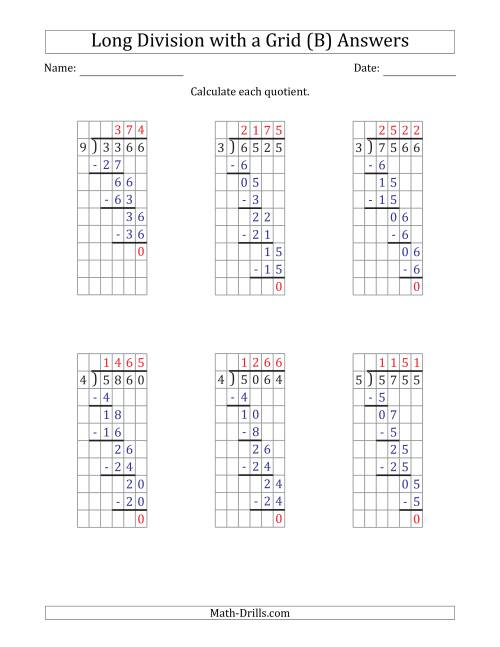 The 4-Digit by 1-Digit Long Division with Grid Assistance and NO Remainders (B) Math Worksheet Page 2