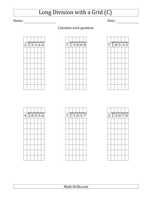 The 4-Digit by 1-Digit Long Division with Grid Assistance and NO Remainders (C) Math Worksheet