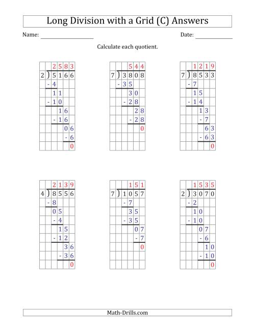 The 4-Digit by 1-Digit Long Division with Grid Assistance and NO Remainders (C) Math Worksheet Page 2