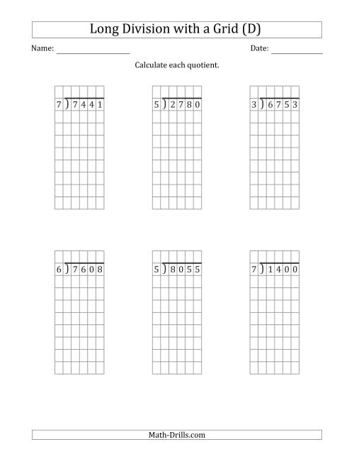 The 4-Digit by 1-Digit Long Division with Grid Assistance and NO Remainders (D) Math Worksheet