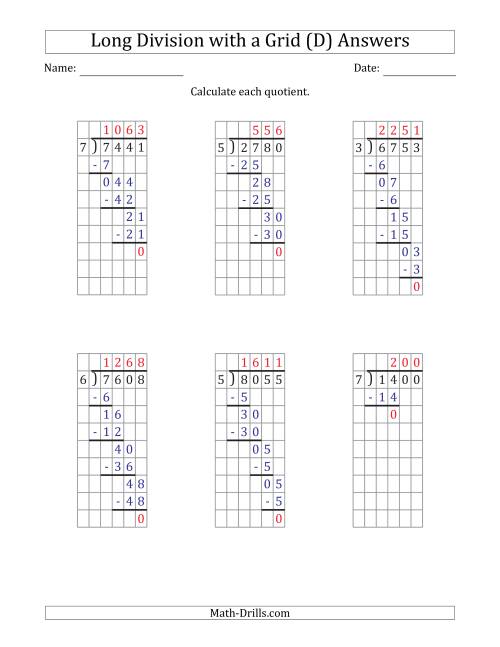 The 4-Digit by 1-Digit Long Division with Grid Assistance and NO Remainders (D) Math Worksheet Page 2