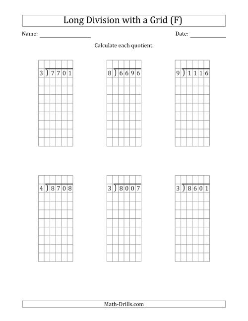 The 4-Digit by 1-Digit Long Division with Grid Assistance and NO Remainders (F) Math Worksheet
