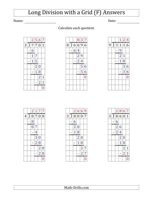 The 4-Digit by 1-Digit Long Division with Grid Assistance and NO Remainders (F) Math Worksheet Page 2